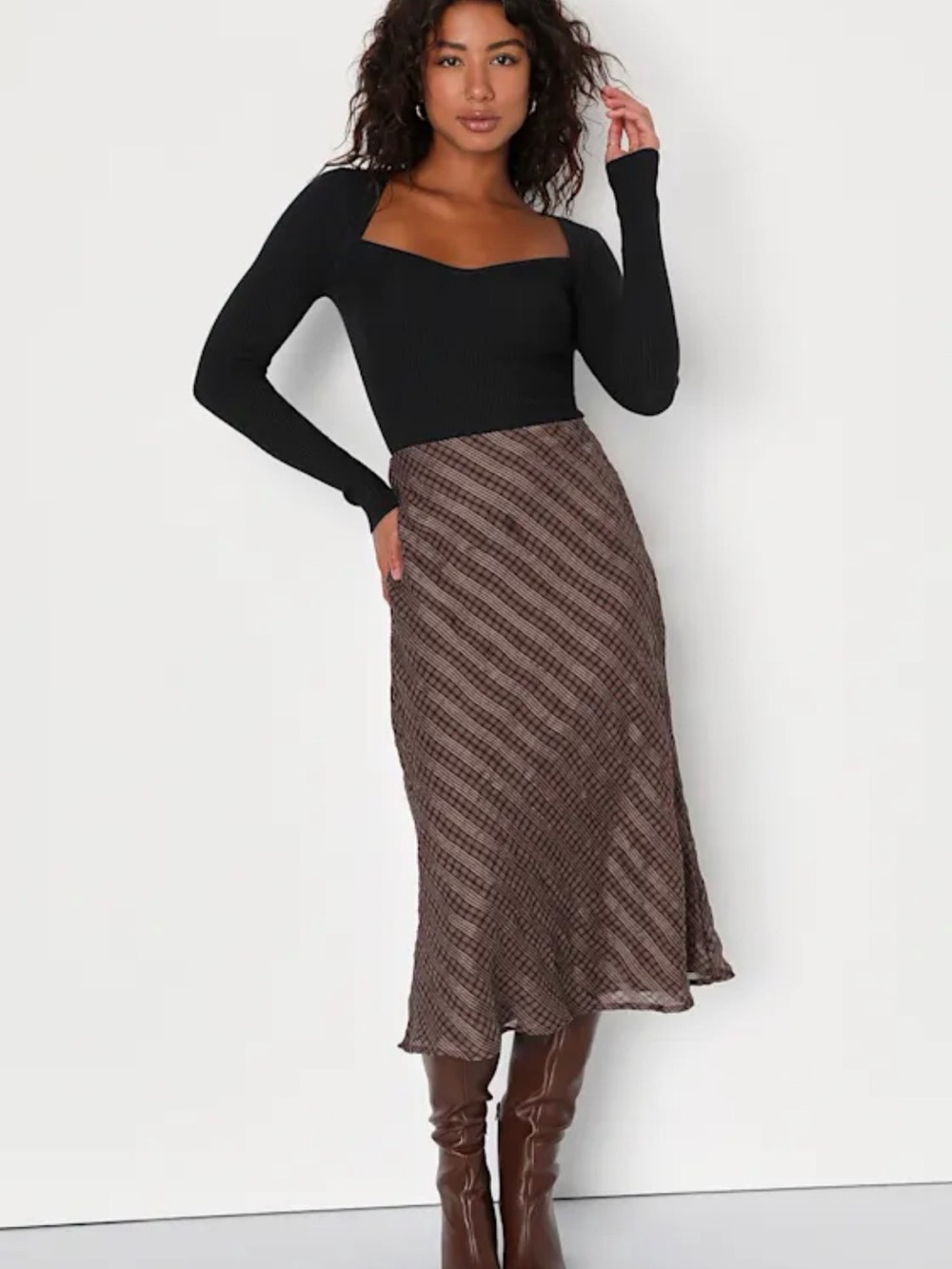 Lulus Trendy Era Brown Plaid Chiffon Midi Skirt